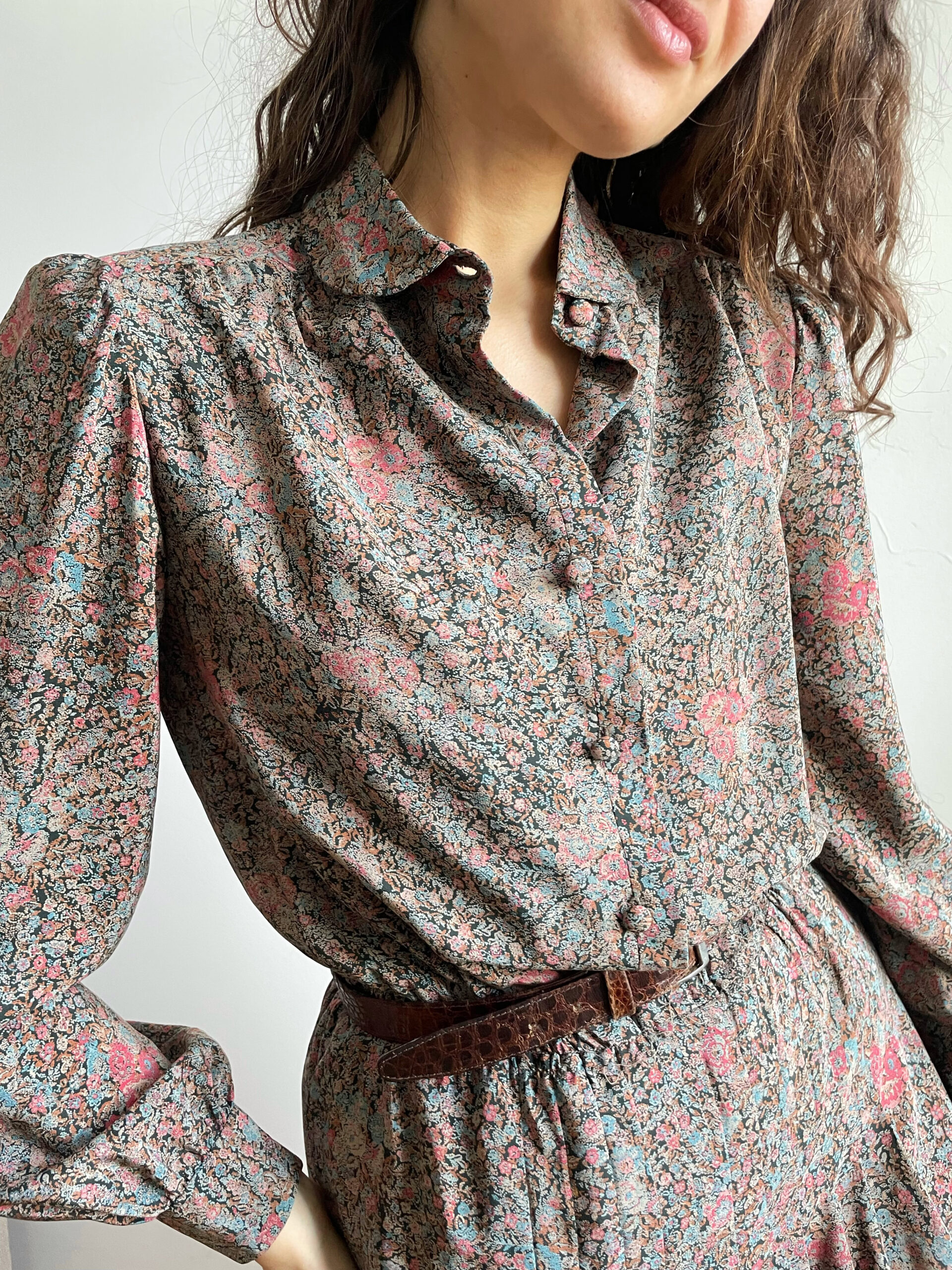 Abito chemisier vintage in pregiata 100% pura seta multicolore