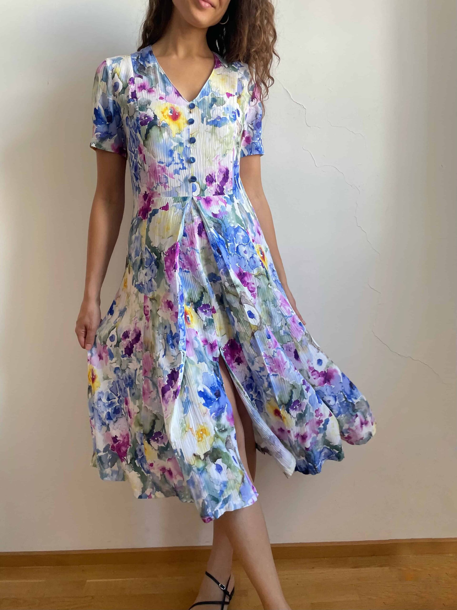 Abito midi vintage in viscosa bianca fantasia acquerello