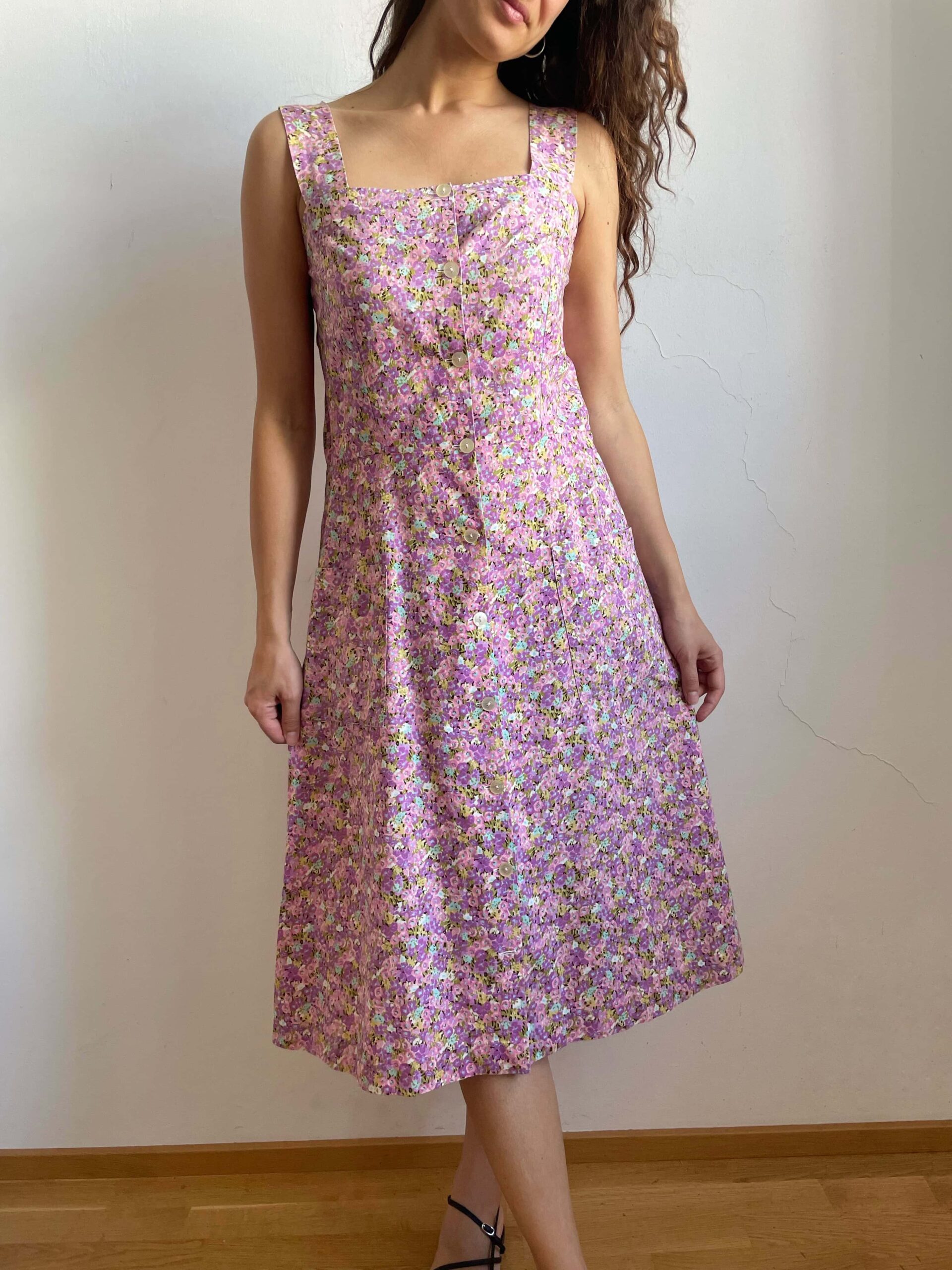Abito midi vintage sartoriale 100% cotone a fiori lilla