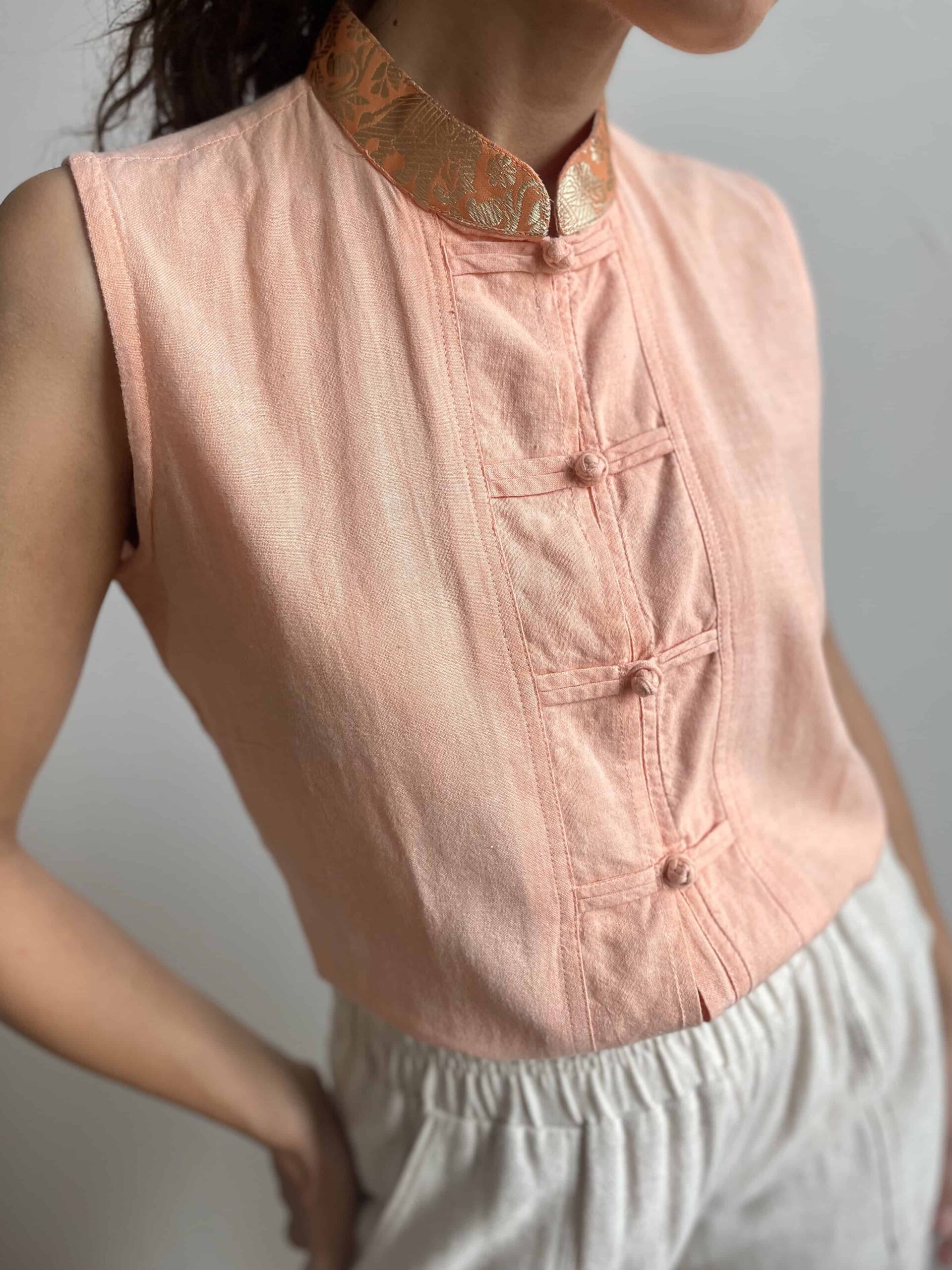 Top vintage asiatico 100% cotone rosa pesca e colletto jacquard