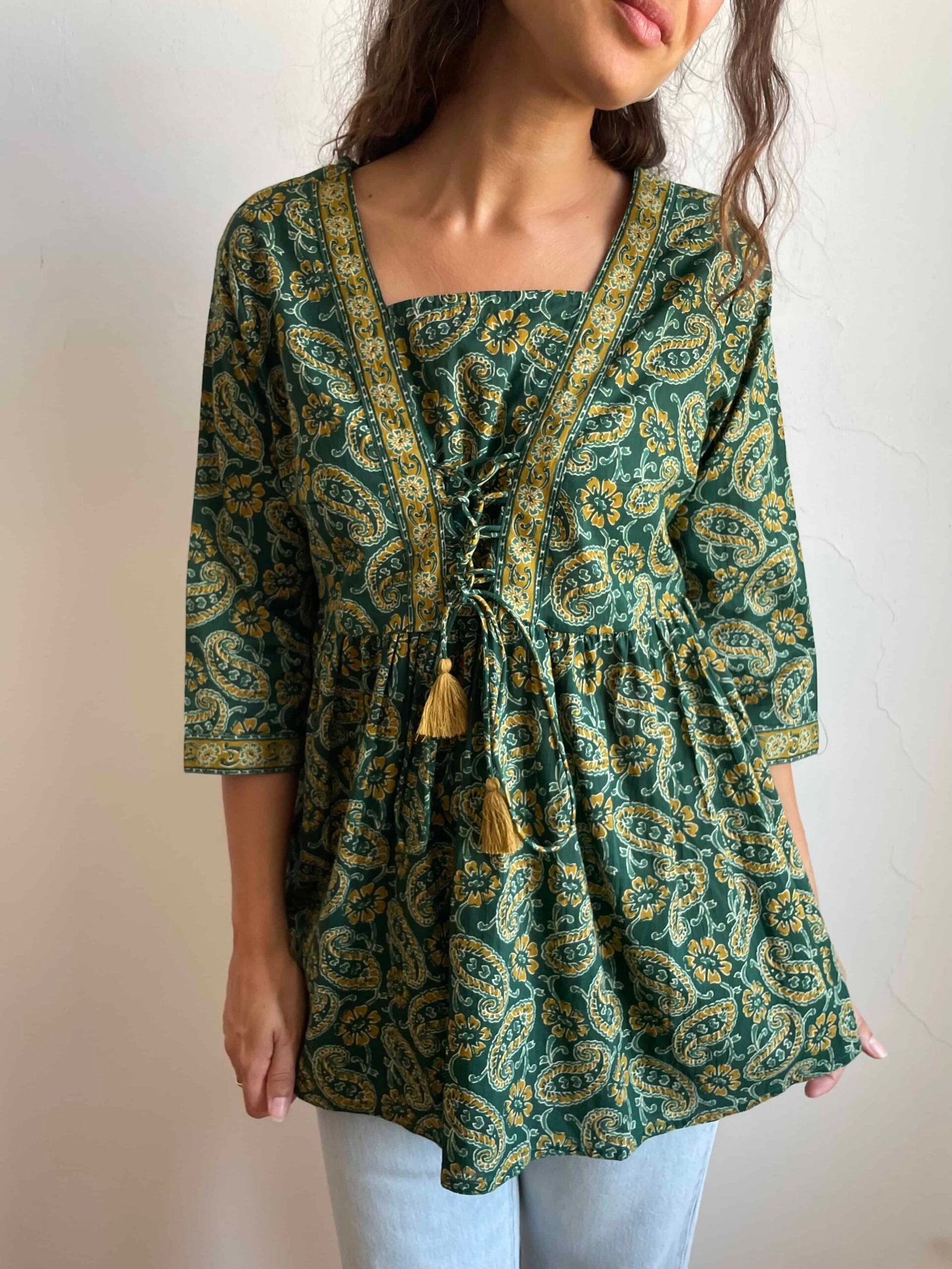Blusa indiana 100% cotone verde tg L – nuova