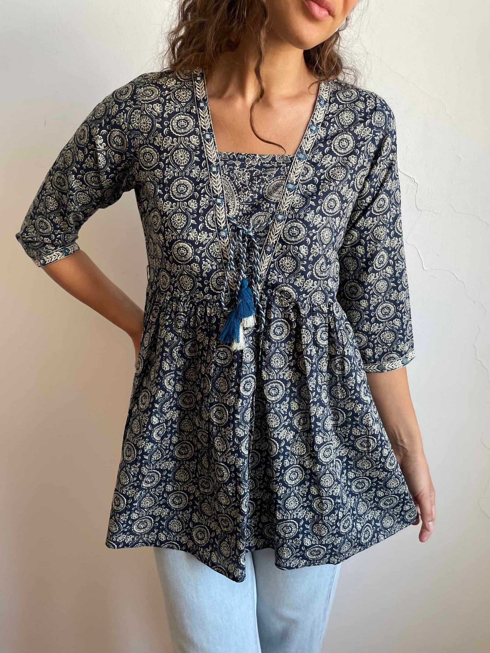 Blusa indiana 100% cotone blu tg XS – nuova