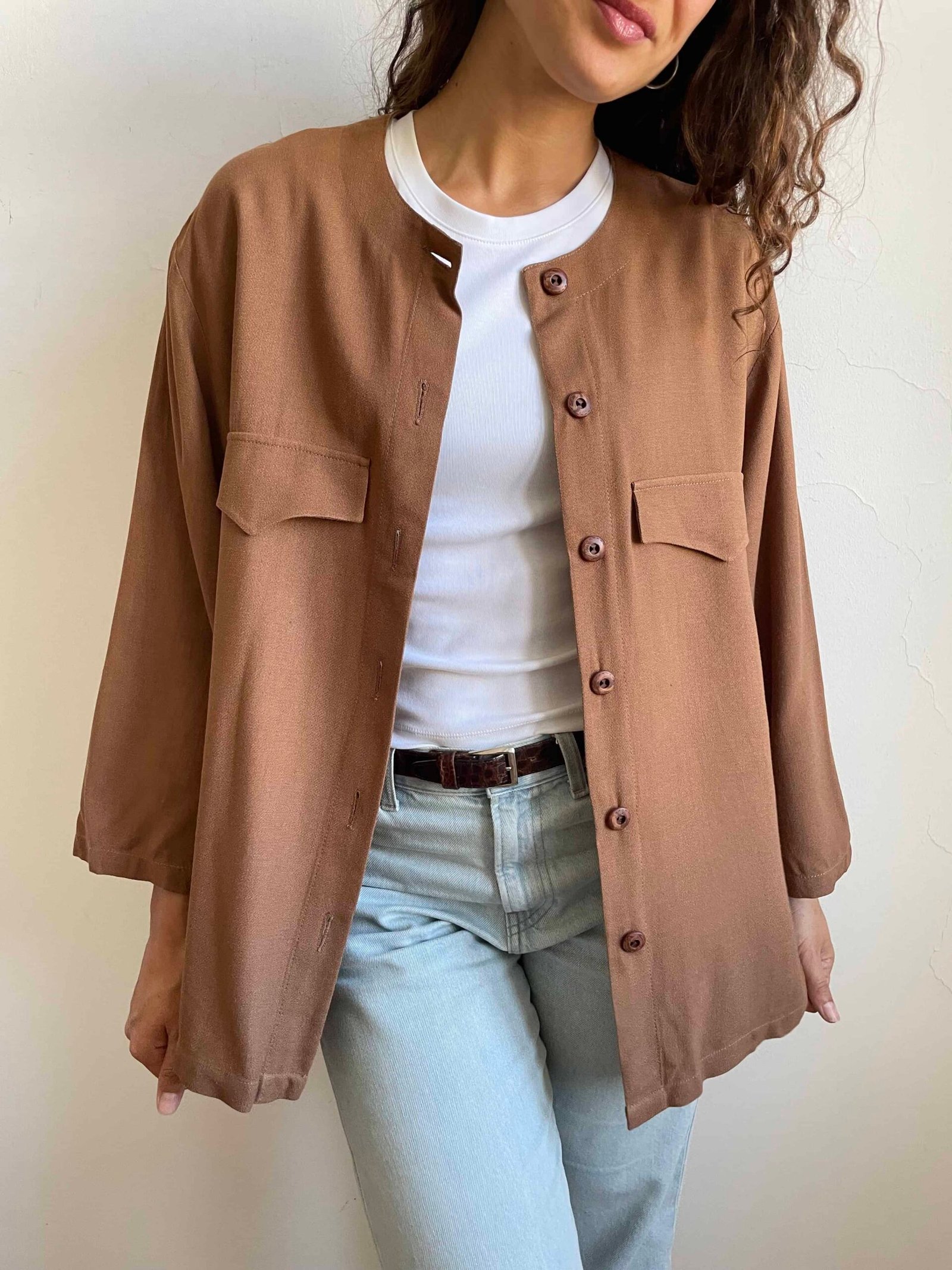 Giacchina / camicia vintage 100% pura seta marrone biscotto